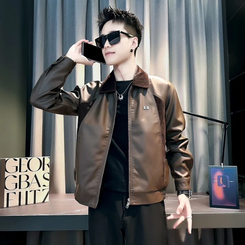 男士皮衣外套春秋季潮牌痞帅高级感拼接PU皮夹克2025新款翻领上衣