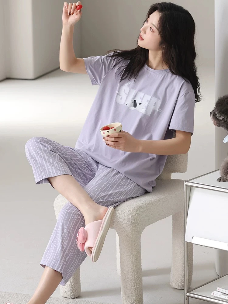 【欧尼雪】紫色皮皮狗薄款睡衣女款短袖七分裤凉感棉宽松休闲家居服