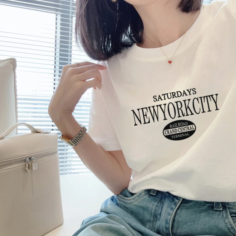 夏季短袖常规款平口下摆T恤女白色2025新款正肩时尚短袖t恤睡衣女