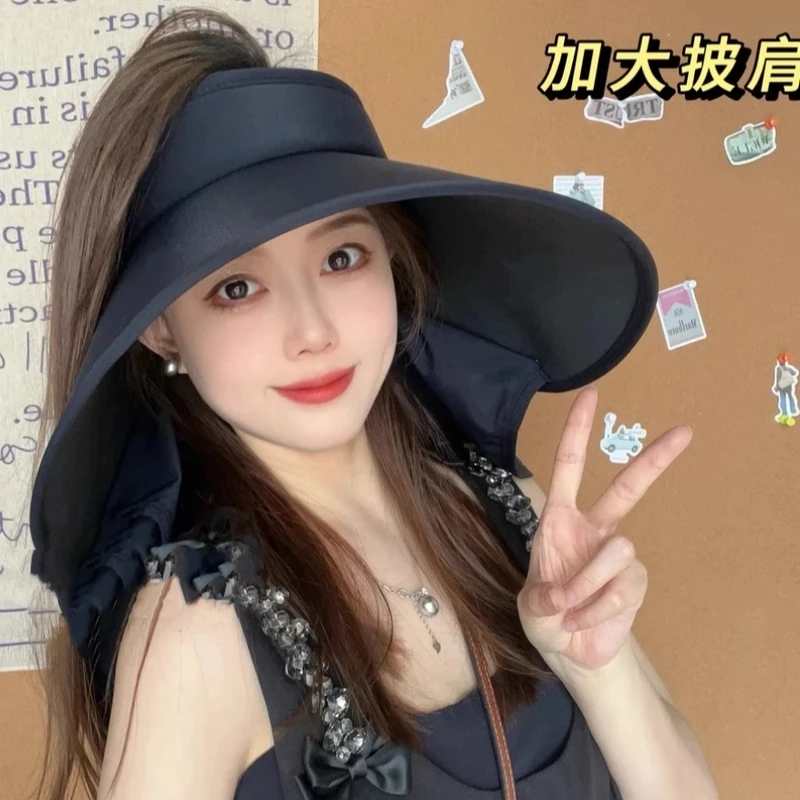 黑胶广角大帽檐夏季防晒帽女冰丝凉感防紫外线遮脸护脖空顶遮阳帽