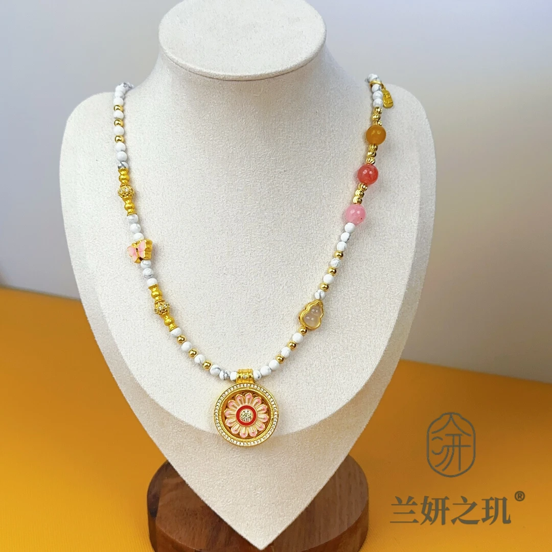 铜合金项链 4mm白松石莲花罗盘项链新中式时尚葫芦长款项链 6526