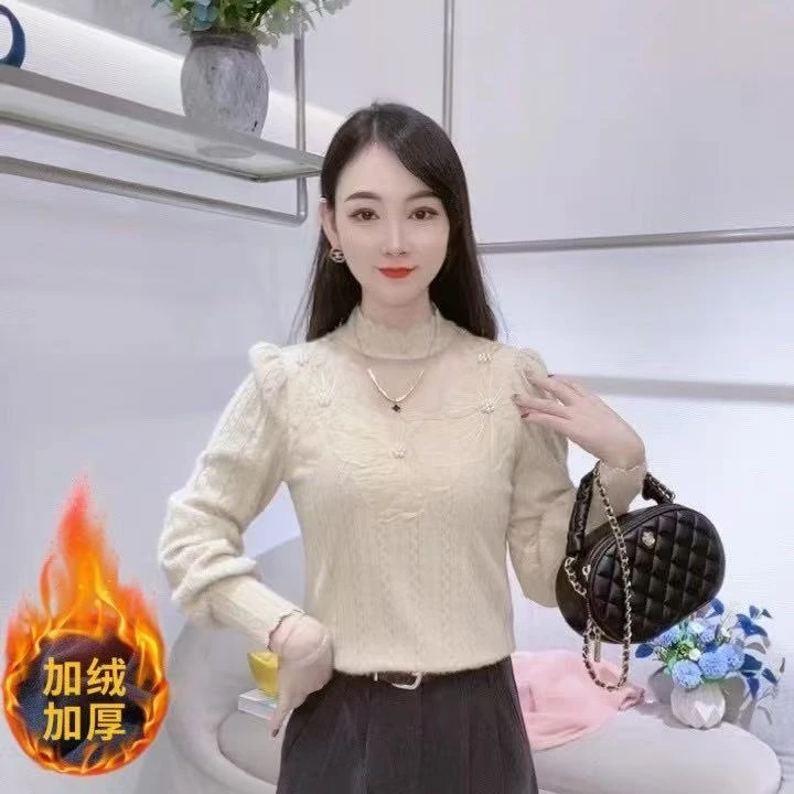 加绒加厚半高领打底衫女士洋气衬衫秋冬季新款时尚蕾丝衫气质上衣