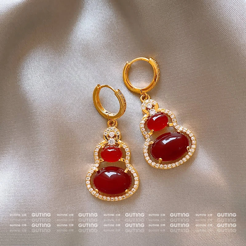 铜合金合成锆石耳饰 19405新中式红色葫芦耳环女国风福禄耳饰耳扣
