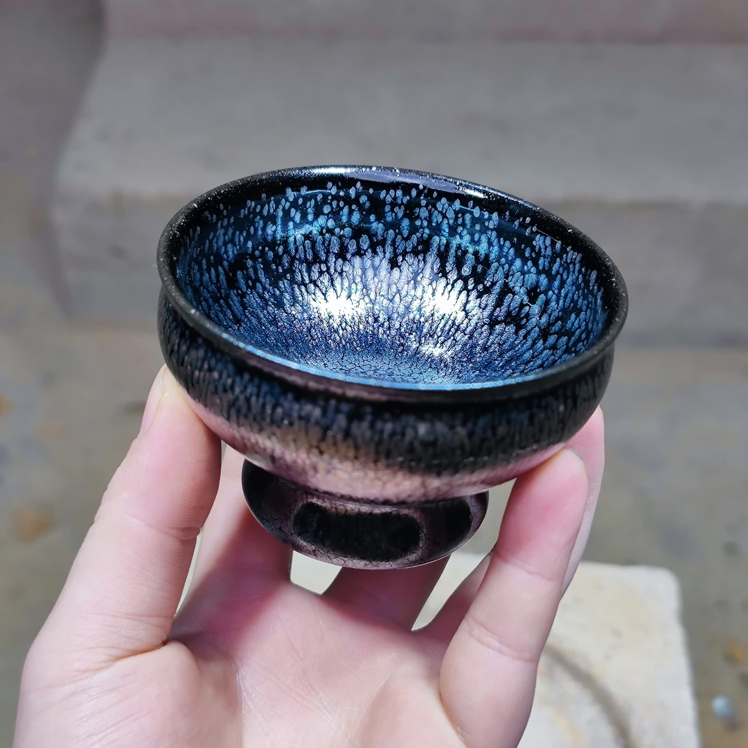 建窑--建盏 黑底银斑高足 茶盏主人杯 电烧