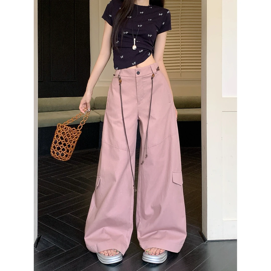 秋冬新款大码女装高腰显瘦休闲裤小众设计款装饰腰绳宽松阔腿裤