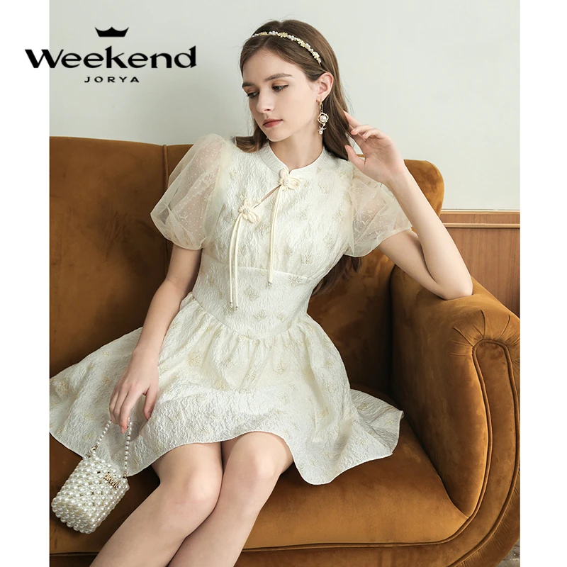 卓雅周末夏季新款新中式蝴蝶盘扣提花泡泡袖高腰连衣裙EJWDBU68