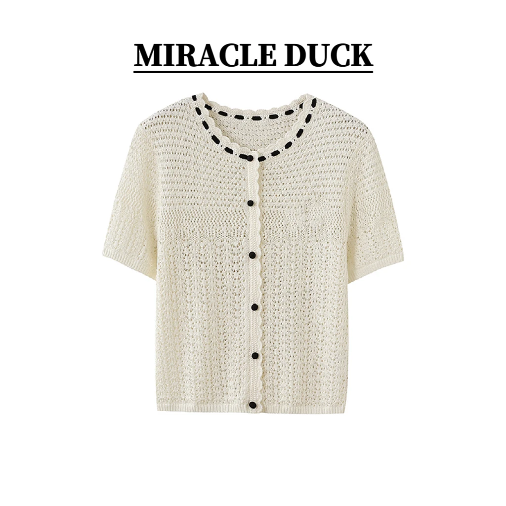 【温软气质】春季镂空针织衫短袖手工针织衫白色气质上衣C1527