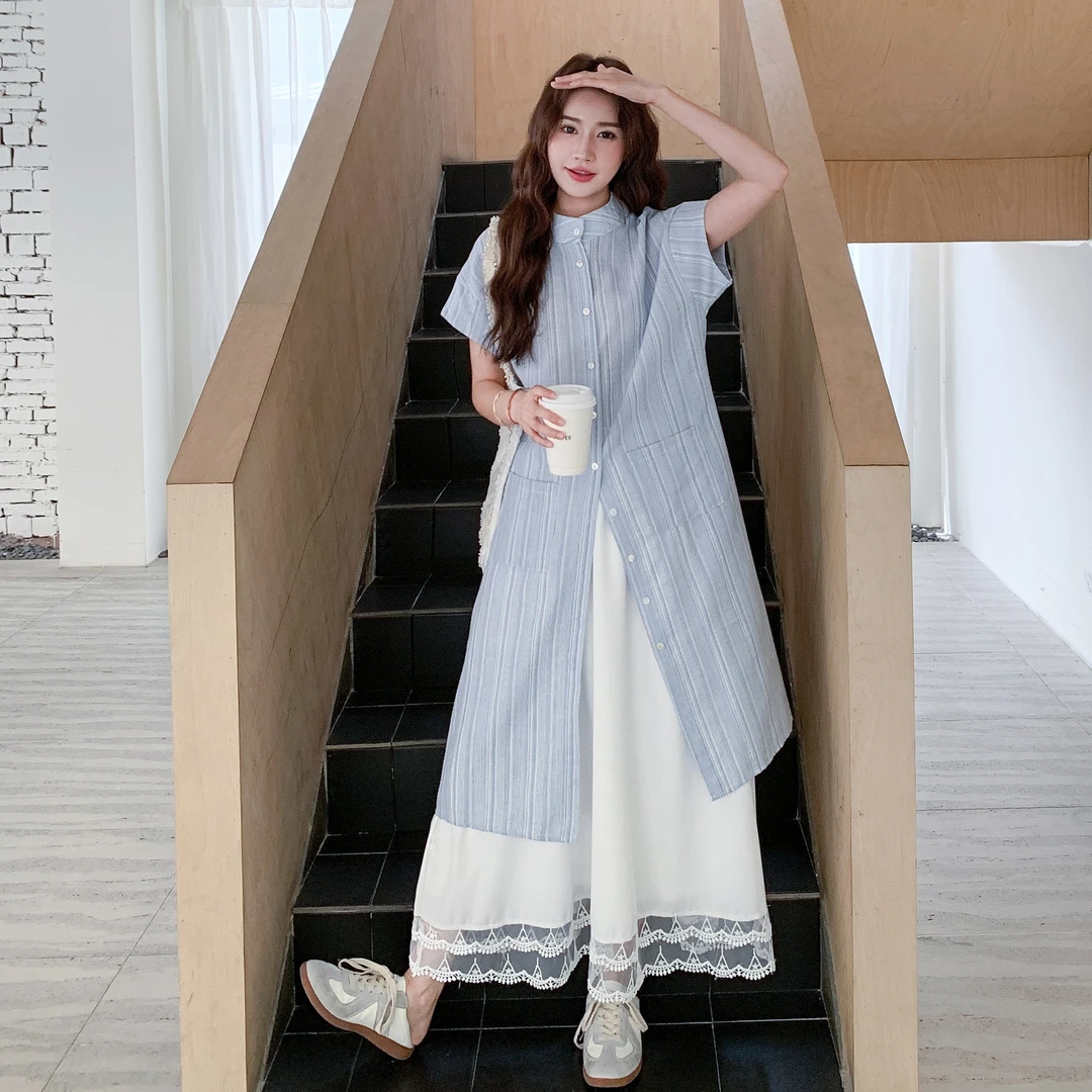 韩系学院风夏日穿搭一整套女2025新款条纹衬衫裙叠穿半身裙两件套