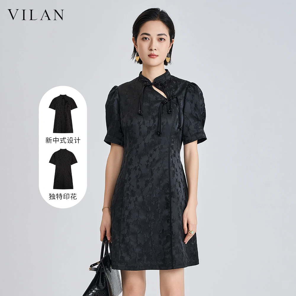 VILAN/慧兰夏季小众国风日常年轻款黑色旗袍改良新中式盘扣连衣裙