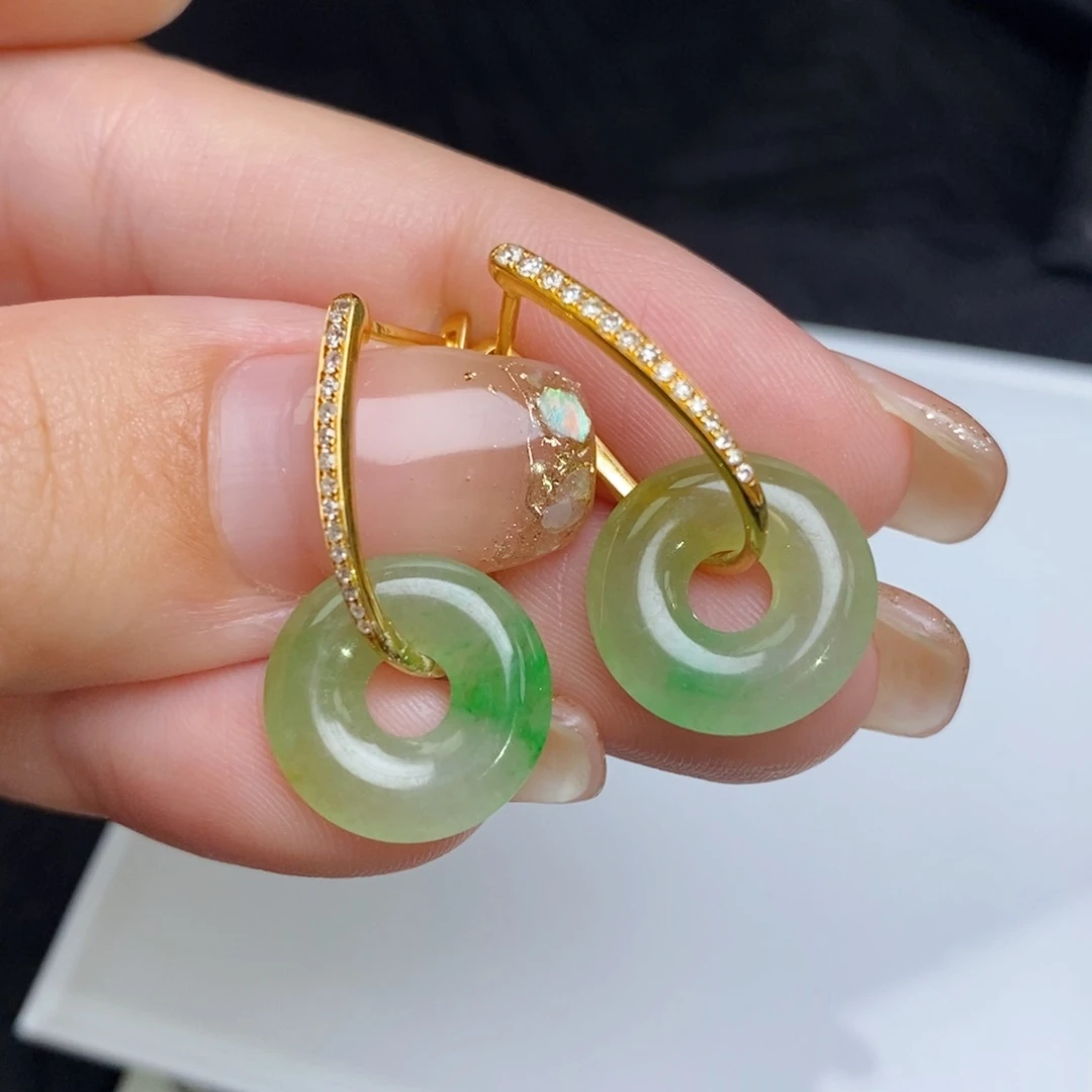 翡翠18K金镶嵌耳饰甜甜圈