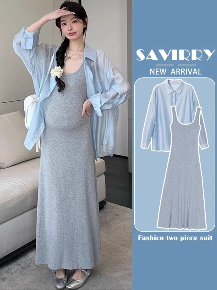 孕妇春装连衣裙套装时尚2025新款韩系宽松显瘦背心裙防晒开衫穿搭