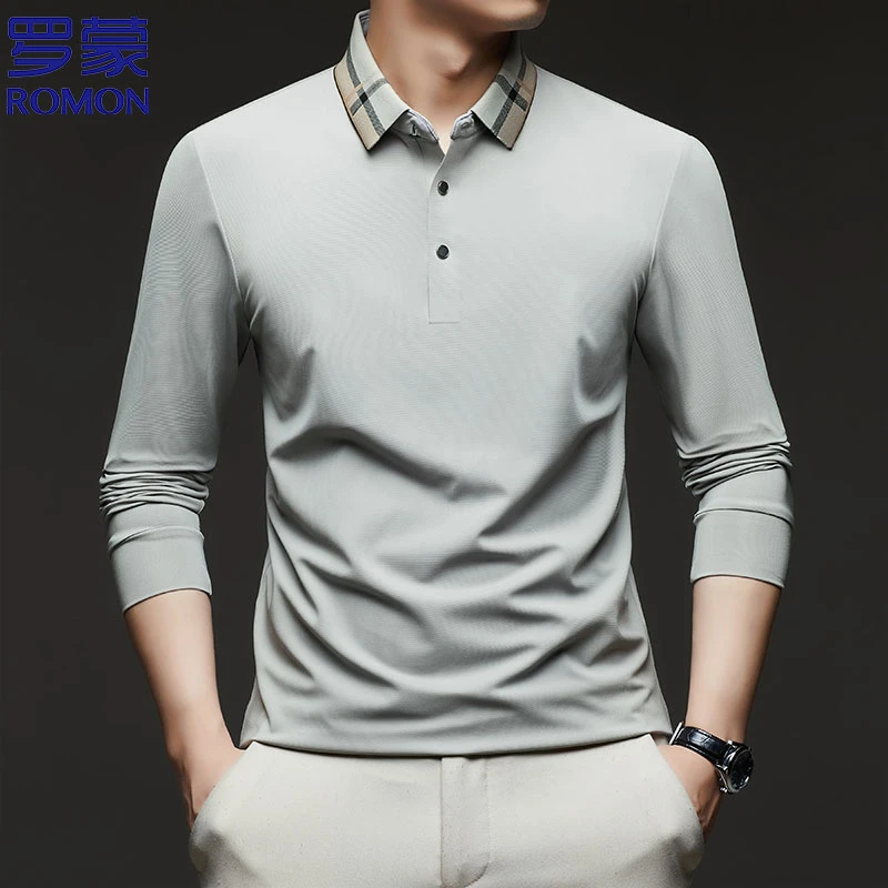 Romon/罗蒙男士长袖POLO衫秋季商务休闲亲肤纯色Polo衫男装上衣