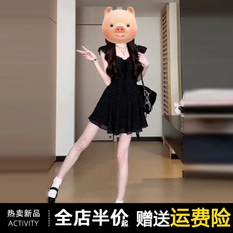 2025新款法式小飞袖黑色碎花连衣裙子女夏季高级感v领收腰a字短裙