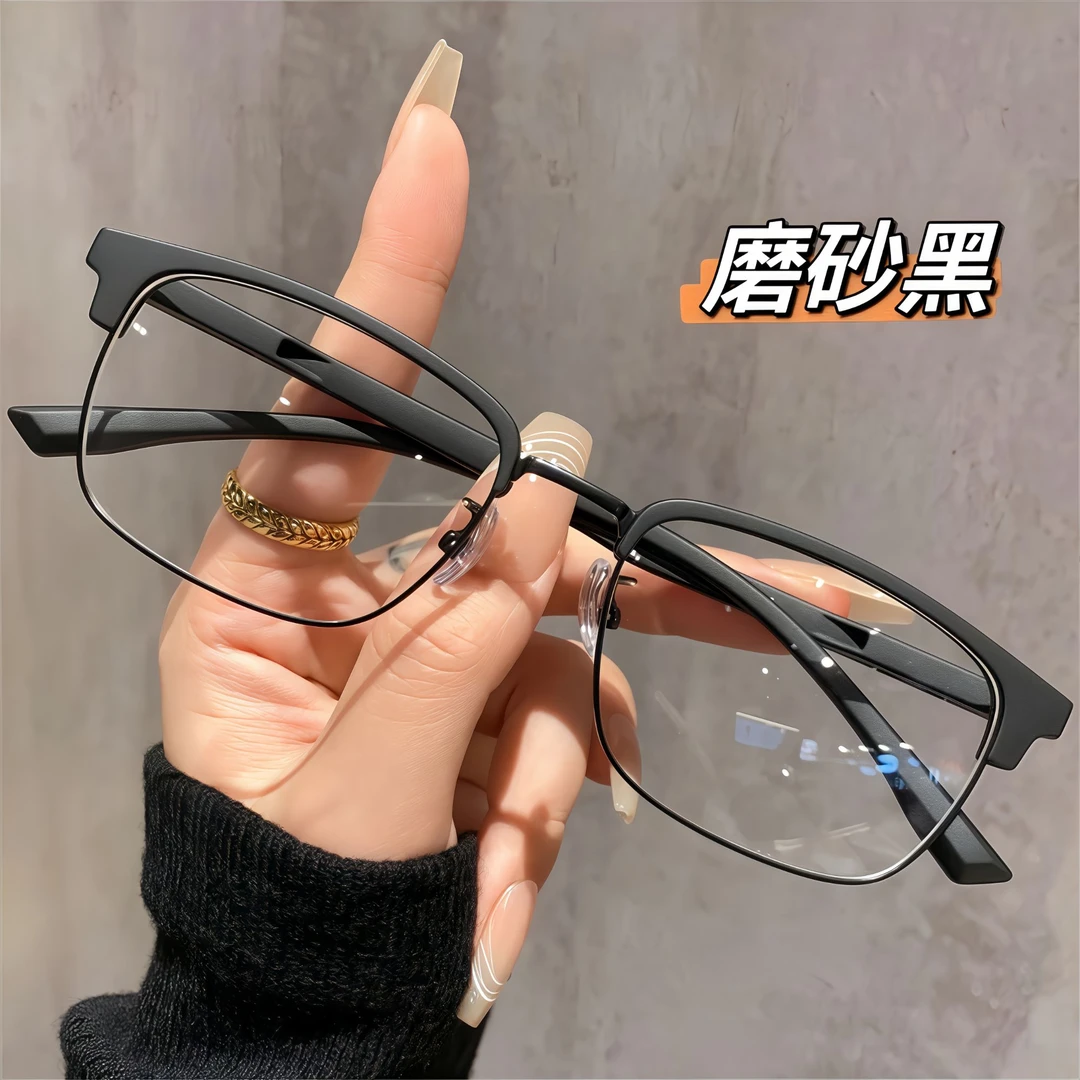 痞帅半框近视眼镜可配变色有度数男女韩版高颜值素颜防蓝光平光镜