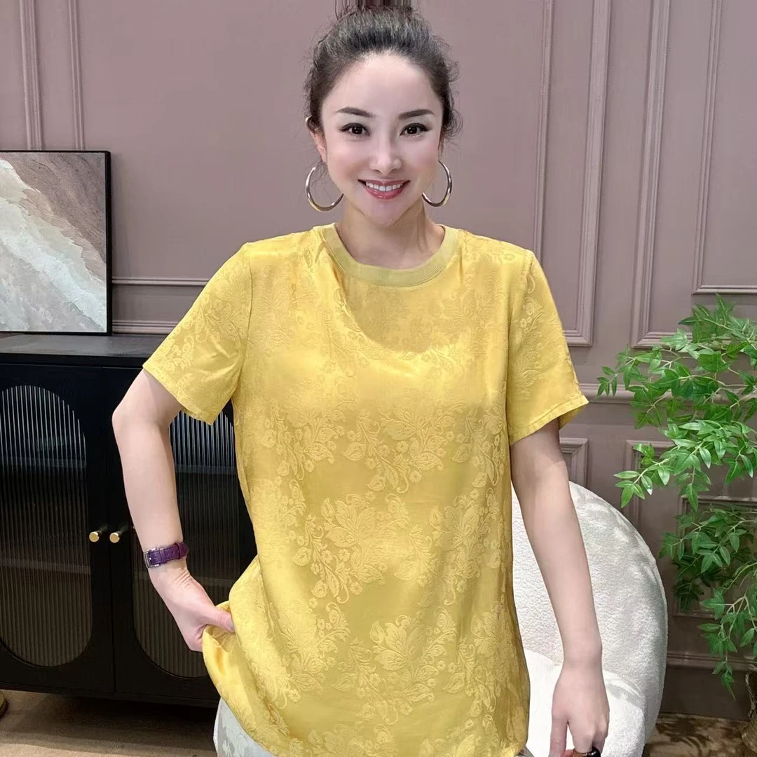【一潮家】春夏款太阳花图案醋酸提花短袖上衣90606