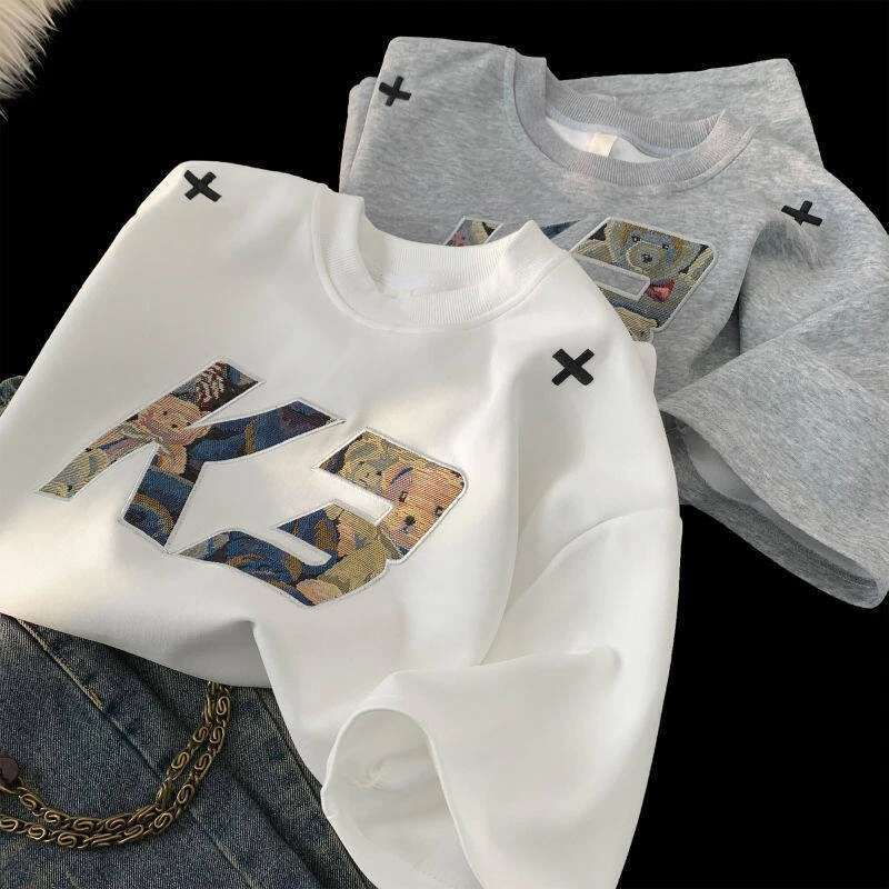 夏季美式贴布绣T恤棉质男士设计感百搭宽松圆领短袖上衣TX962