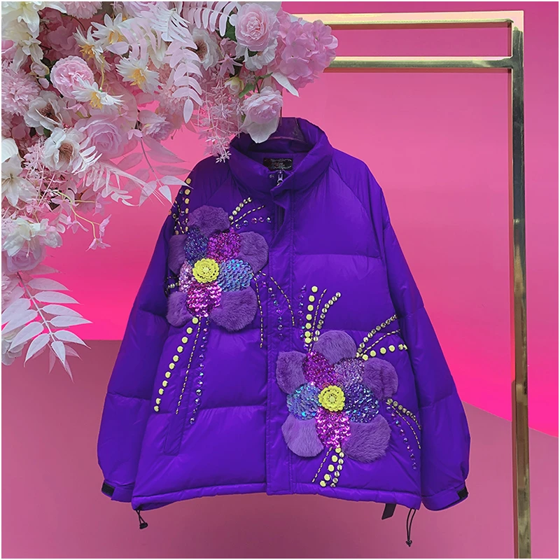 A4794欧美设计师2025冬季新款重工钉钻刺绣拼兔花朵毛羽绒外套女