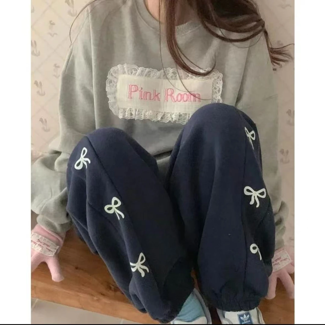 【Halo】蝴蝶结韩系百搭加绒卫裤