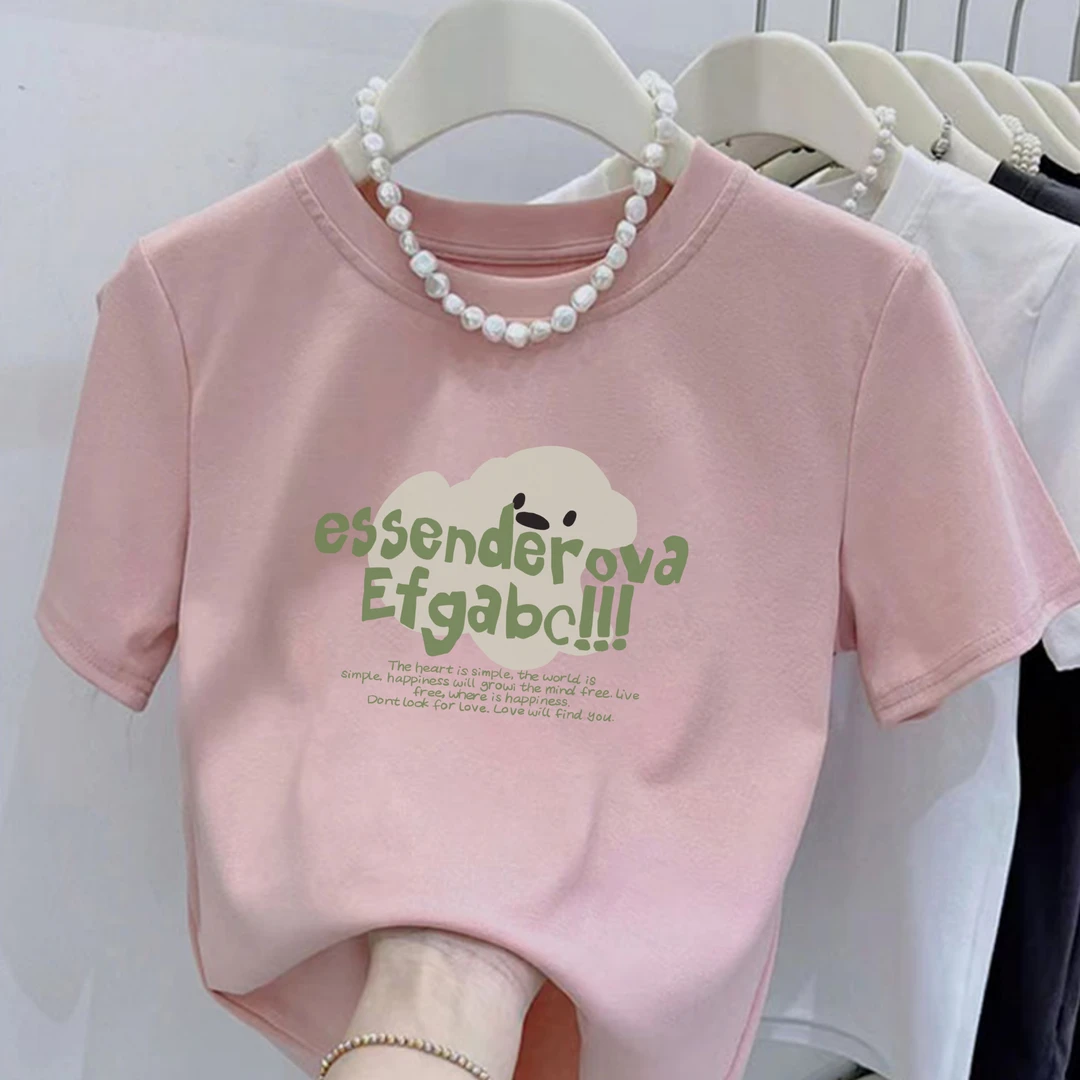 2025新款圆领绿字母绵羊印花纯棉短袖T恤女时尚小个子显瘦上衣