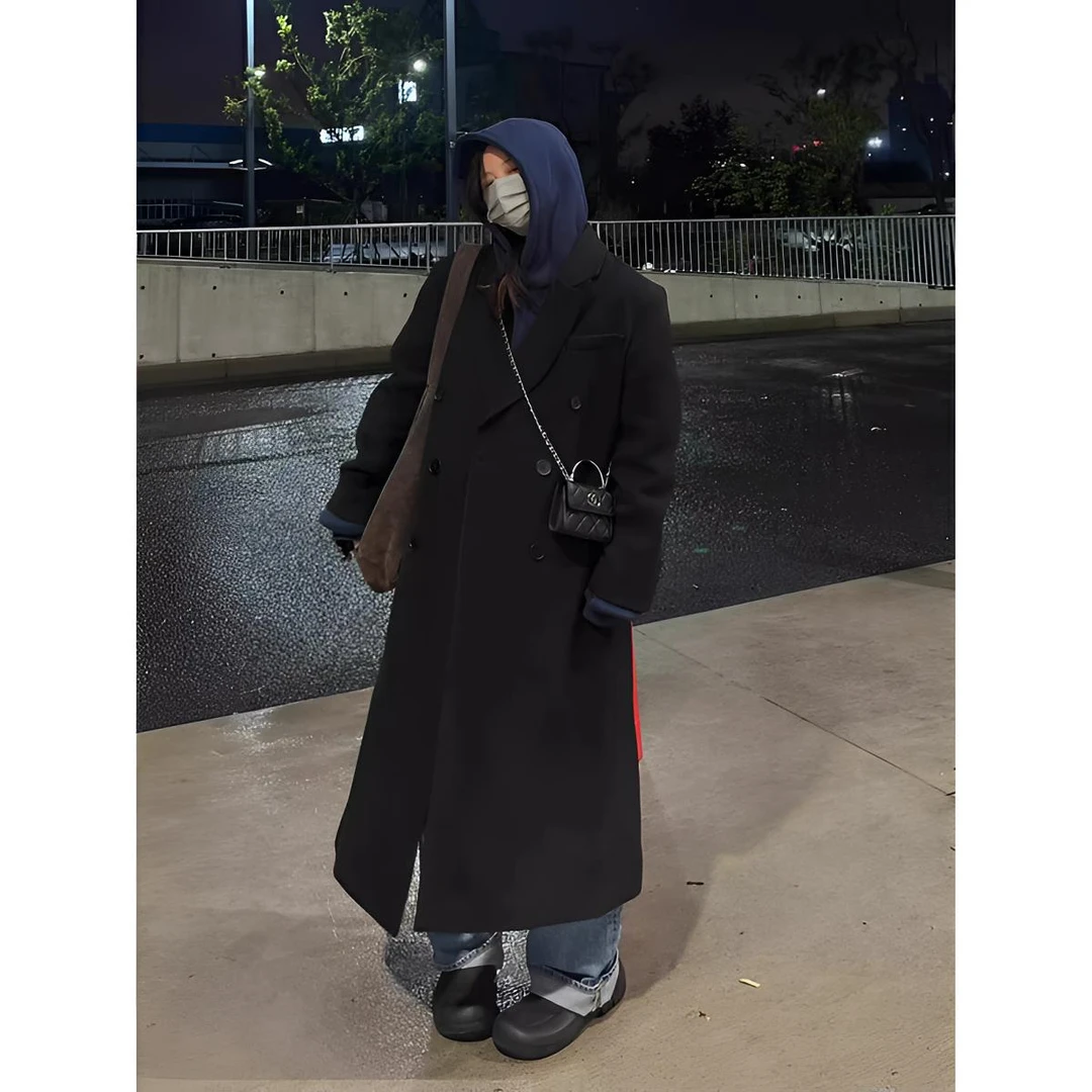 学院风秋冬加厚加棉过膝长款呢子大衣女韩版宽松毛呢时尚外套