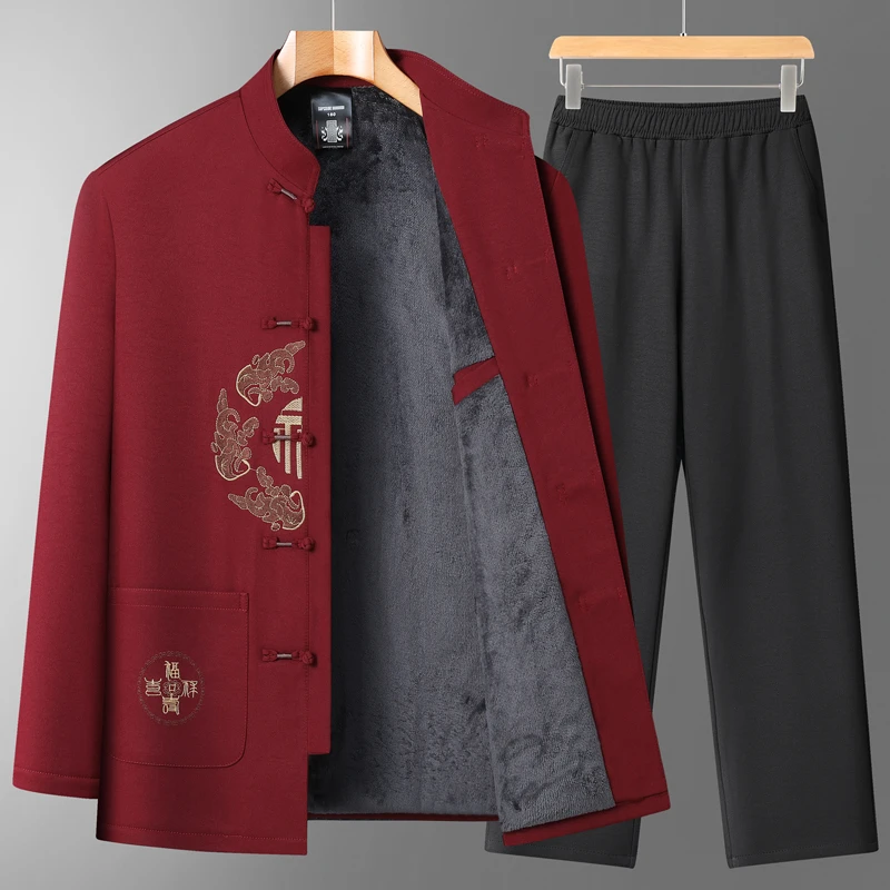 中老年唐装男冬季加绒加厚爸爸装中国风老人生日过寿爷爷冬季套装