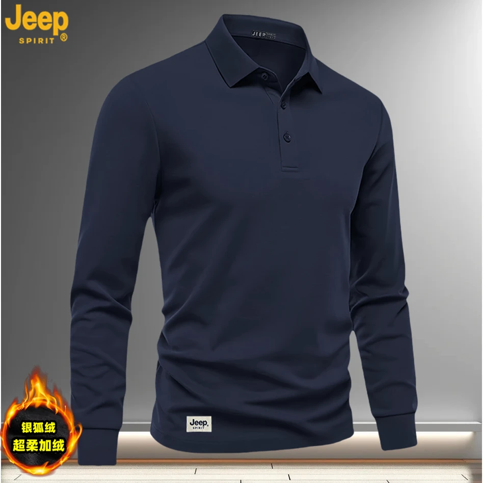 JEEP SPIRIT男士秋季纯色POLO衫长袖秋冬款T恤打底衫户外加绒加厚