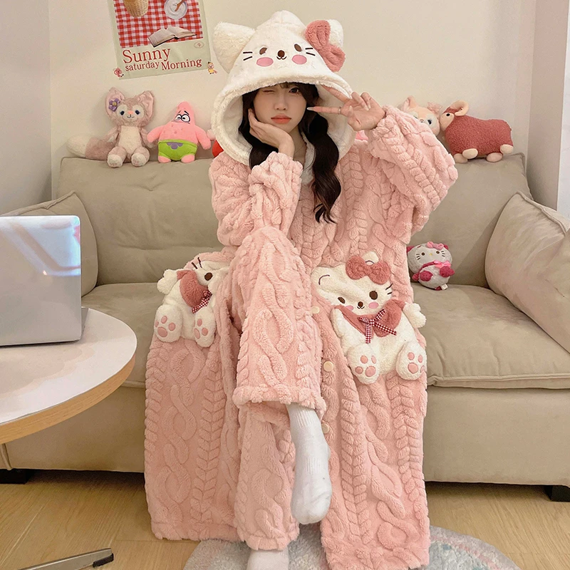 2025新款珊瑚绒连帽睡袍女士春秋冬季新款加绒加厚保暖睡衣家居服