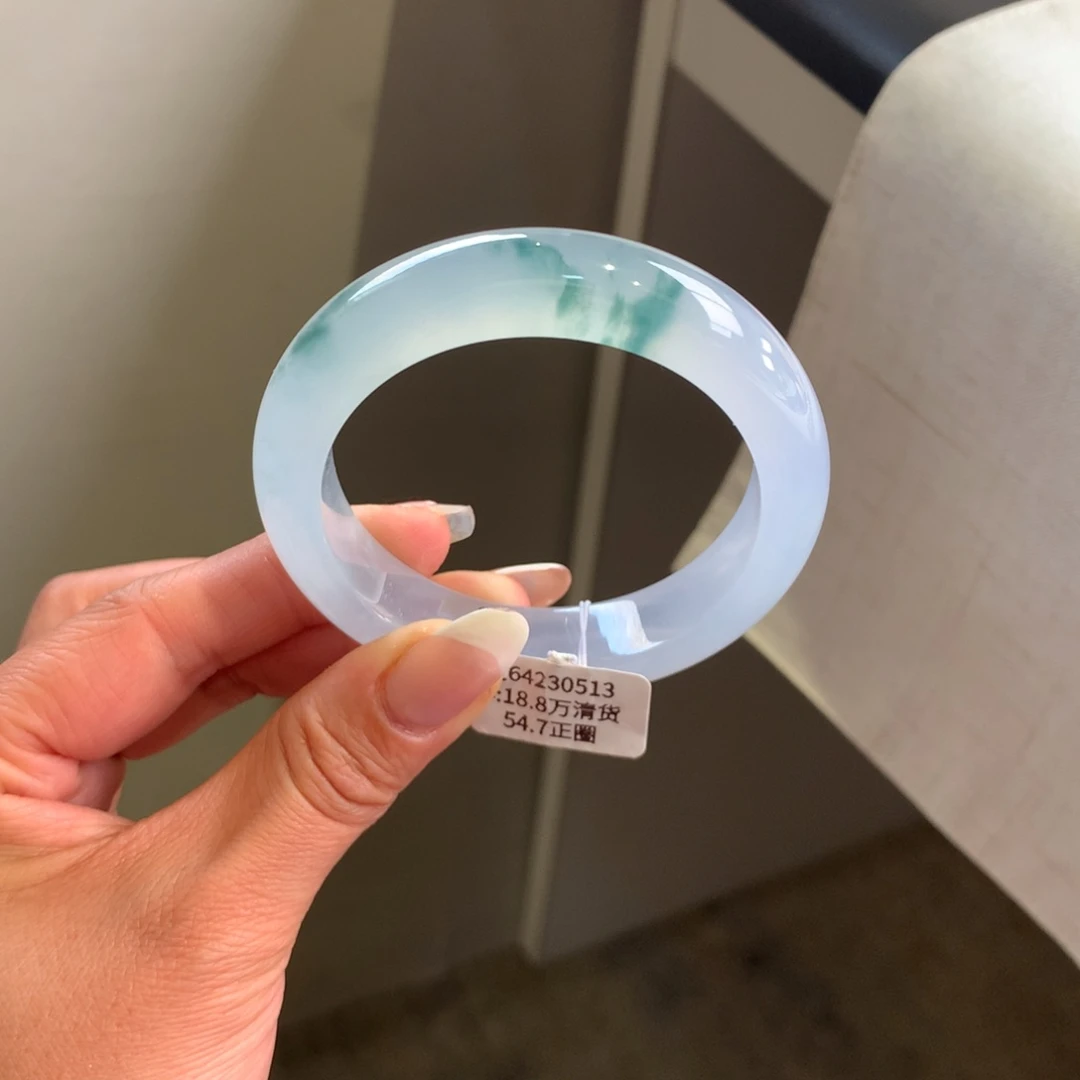 翡翠手镯未镶嵌冰胶蓝底飘花54.7正圈