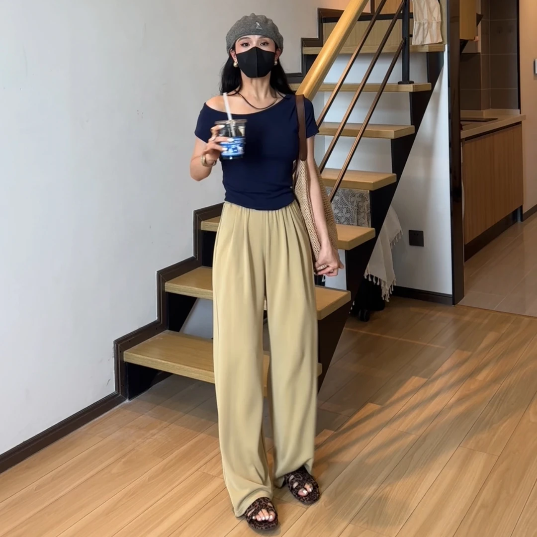 藏青色一字肩领露肩T恤女2025夏季新款设计感打底衫不规则上衣