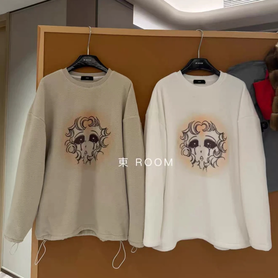 【東Room】2025年冬季新款复古印花下摆抽绳羊羔毛上衣女