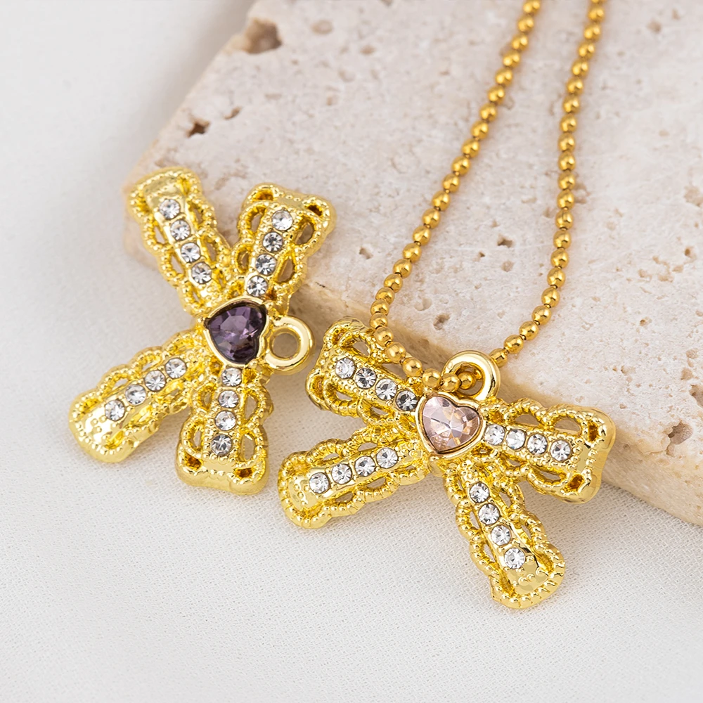 合金吊坠 合金镶钻爱心蝴蝶结吊坠手工项链饰品diy服装服饰配件