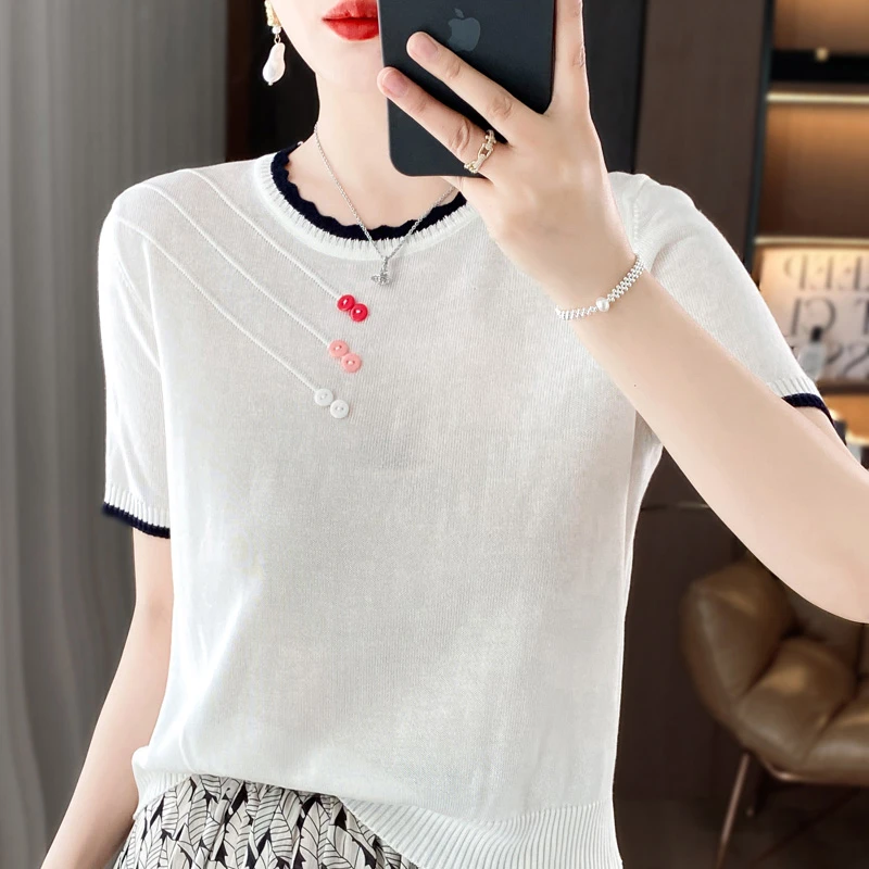 轻薄透气设计感撞色圆领针织短袖女夏季新款气质时尚宽松显瘦上衣