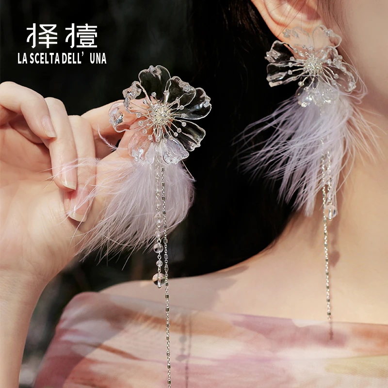 非金属树脂耳饰 择撎长款流苏夸张花朵格桑花耳钉女2025新款爆款