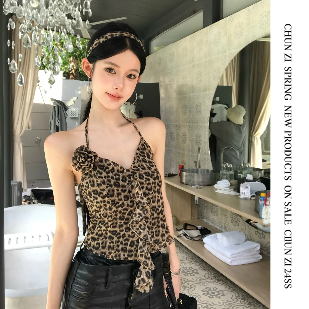 【CHUN ZI】【野生辣妹】豹纹荷叶边花朵背心吊带设计感上衣