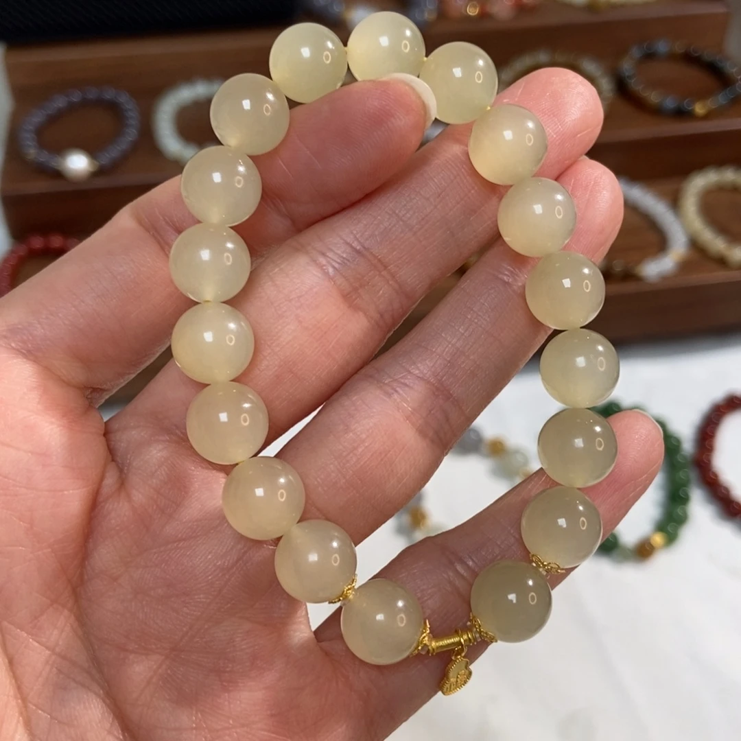 和田玉18K金镶嵌手链蜂蜜水10mm高冰底猫精品