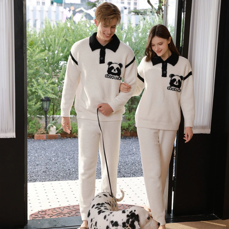 情侣睡衣半边绒软绵绵保暖卡通熊猫家居服套装加绒秋冬季TZ-86028
