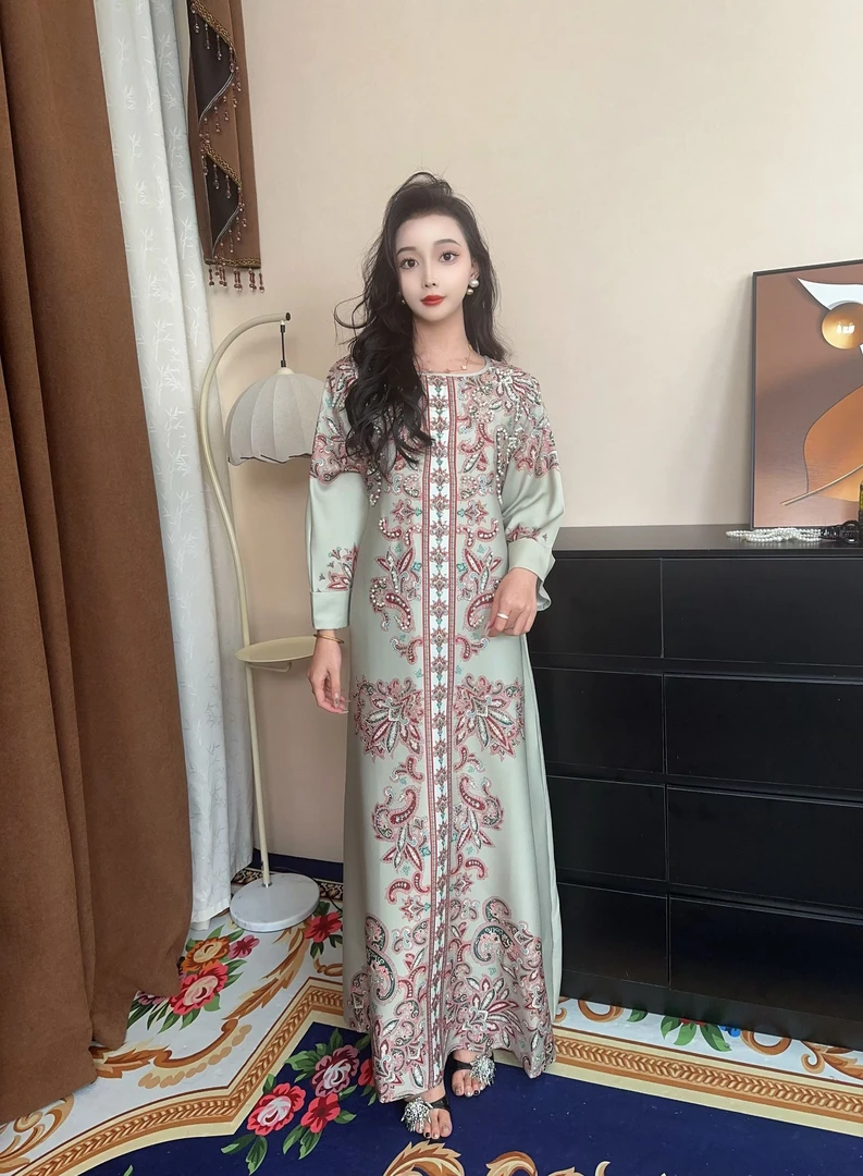 迪拜中东清冷系禅意衣服女优雅手缝钉珠长款连衣裙014