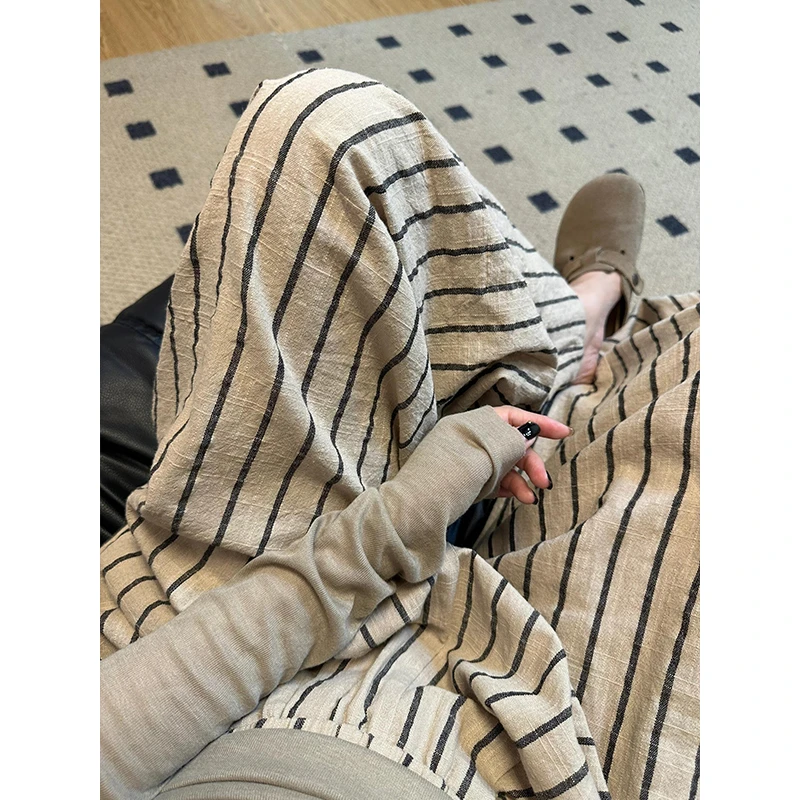 洋气ins条纹休闲高腰睡裤女夏季新款亲肤阔腿长裤复古休闲遛弯裤