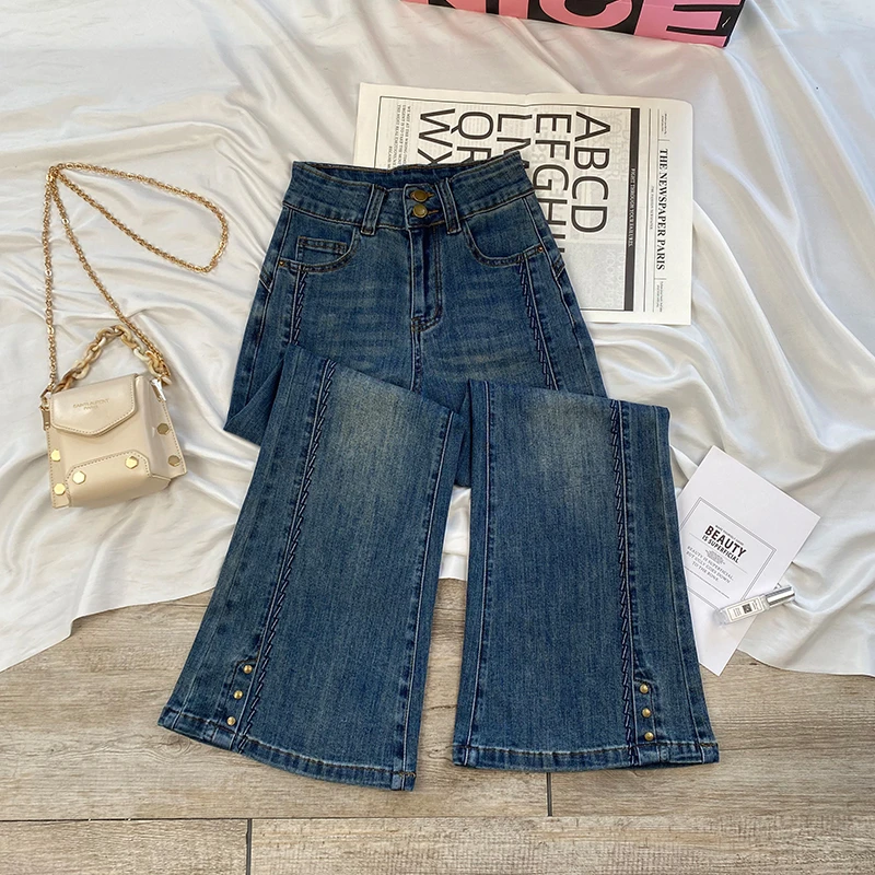 “梨型终结者“女神必备"设计不贴腿牛仔裤秋季高腰超火喇叭裤S5519