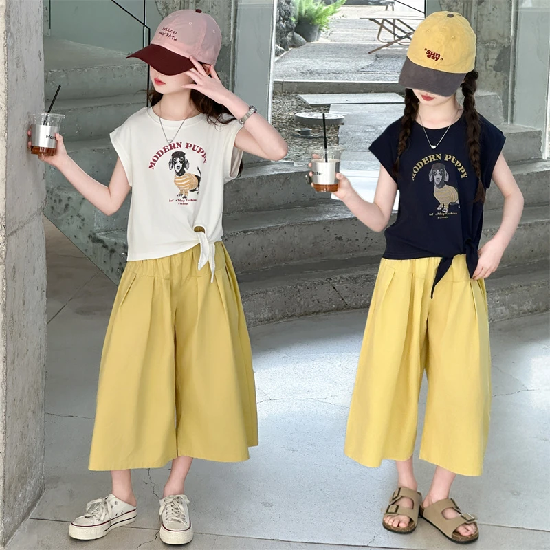 女童夏季韩版套装2025新款中大童6-12-15岁时尚短袖薄款阔腿裤潮