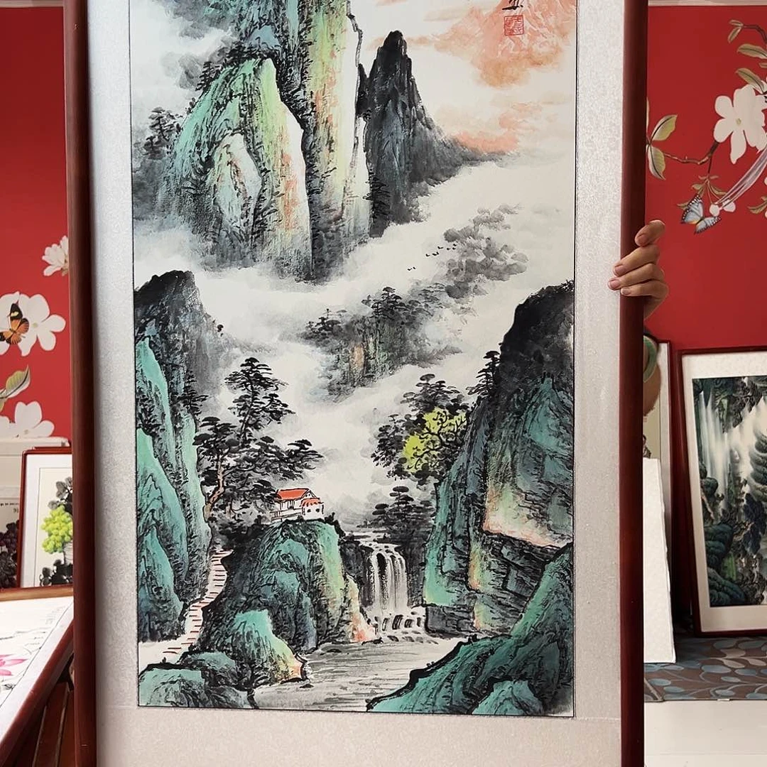 国画手写手绘国画作品带框包邮62✖️122