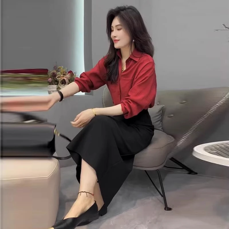 时尚气质衬衫裙子套装早秋装新款气质长袖衬衣巨好看轻熟红色上衣