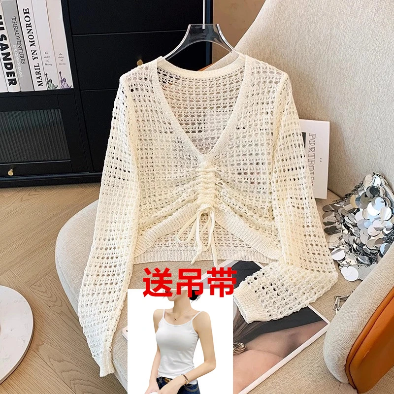 2025新款设计感镂空褶皱V领长袖针织衫女装显瘦套头防晒罩衫上衣