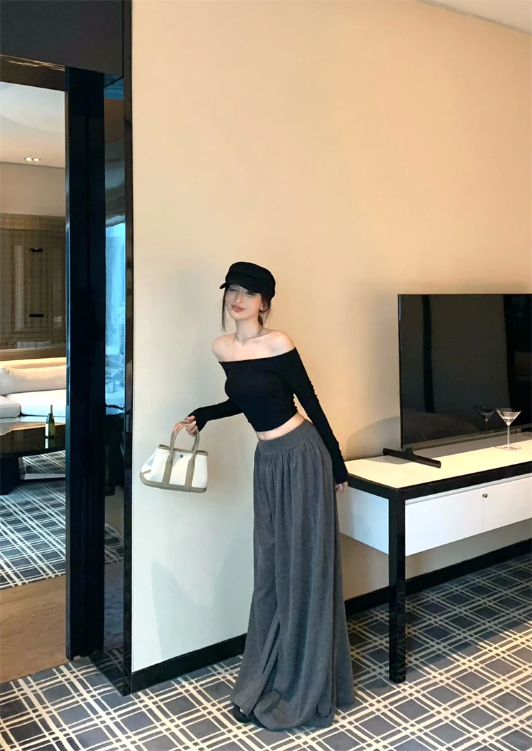 复古气质设计感显瘦辣妹T恤百搭上衣针织裤子套装宽松阔腿裤夏季