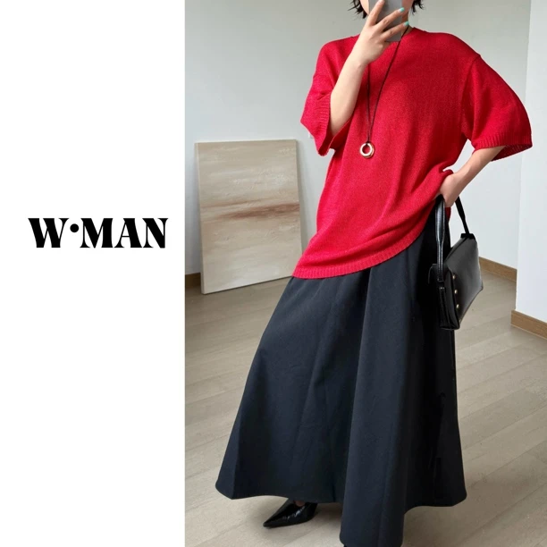 W·MAN“慵懒舒适”干爽天然和纸纱棉透气粗棒慵懒中袖针织上衣