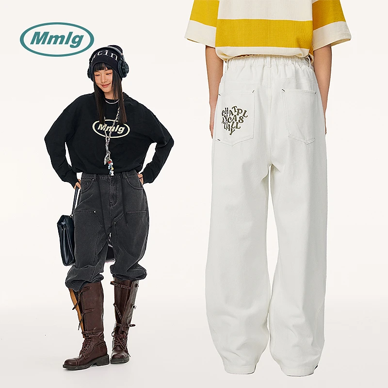 Mmlg2025夏季新款撞色绣花精致金属撞扣阔腿牛仔裤男女同款FQU011