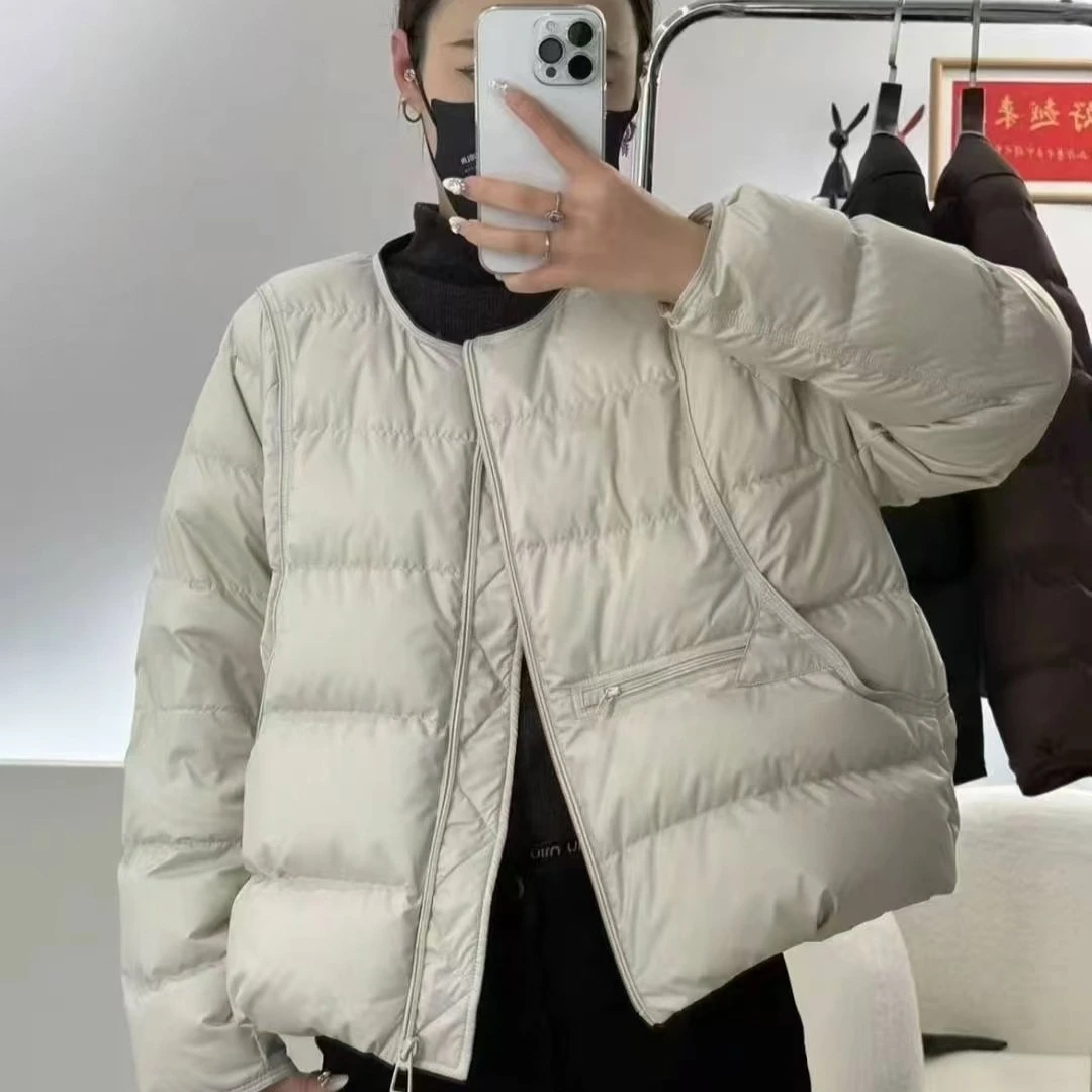 羽绒服女2025冬季新款简约复古风包边圆领轻薄短款白鸭绒宽松外套