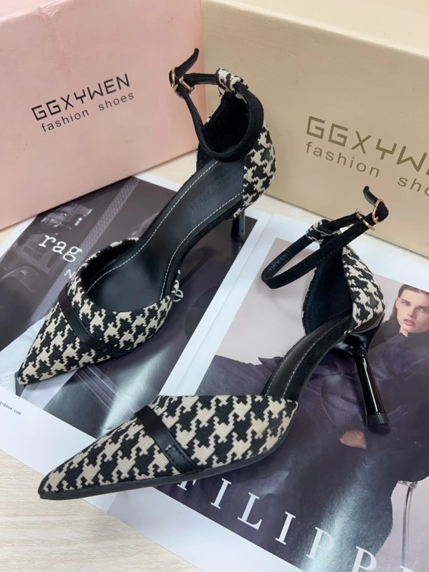 小香风千鸟格包头一字带职业细跟高跟鞋854-0