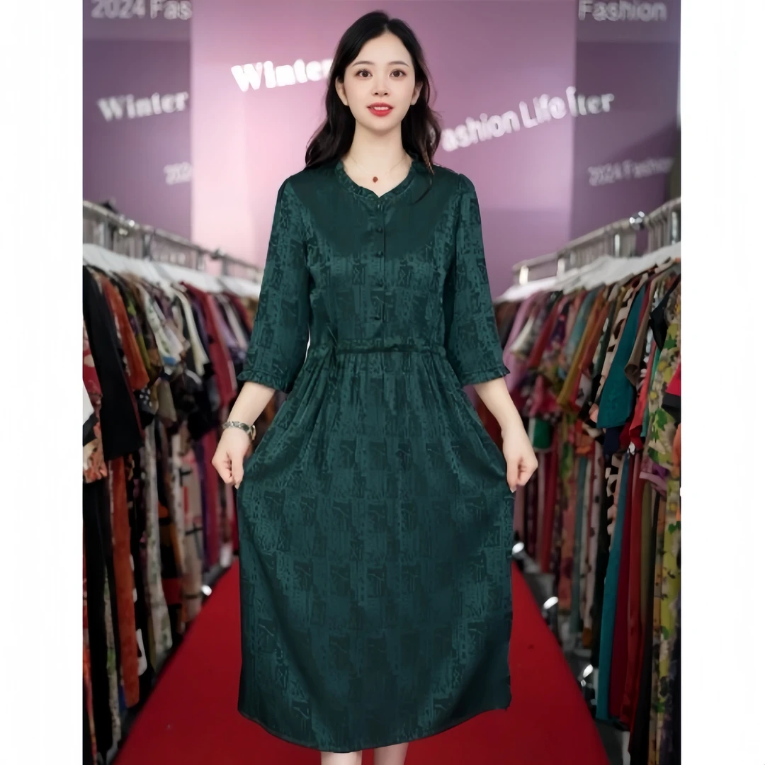 2492  轻奢木耳边领暗纹印花七分袖时尚气质女装连衣裙