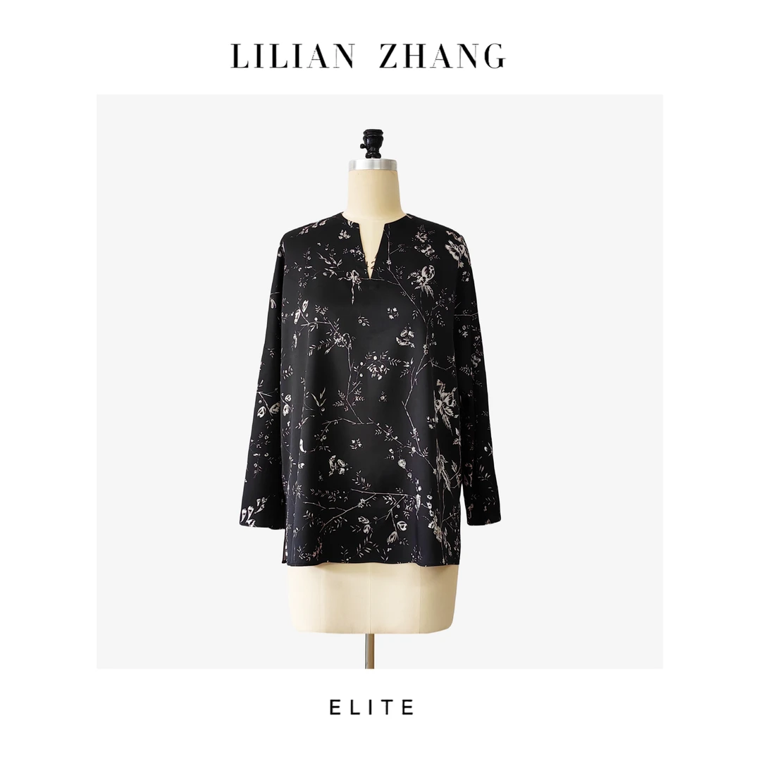 定制—静奢风—邂逅巴黎—风尚之选—法式小V领印花墨绘上衣  2502011